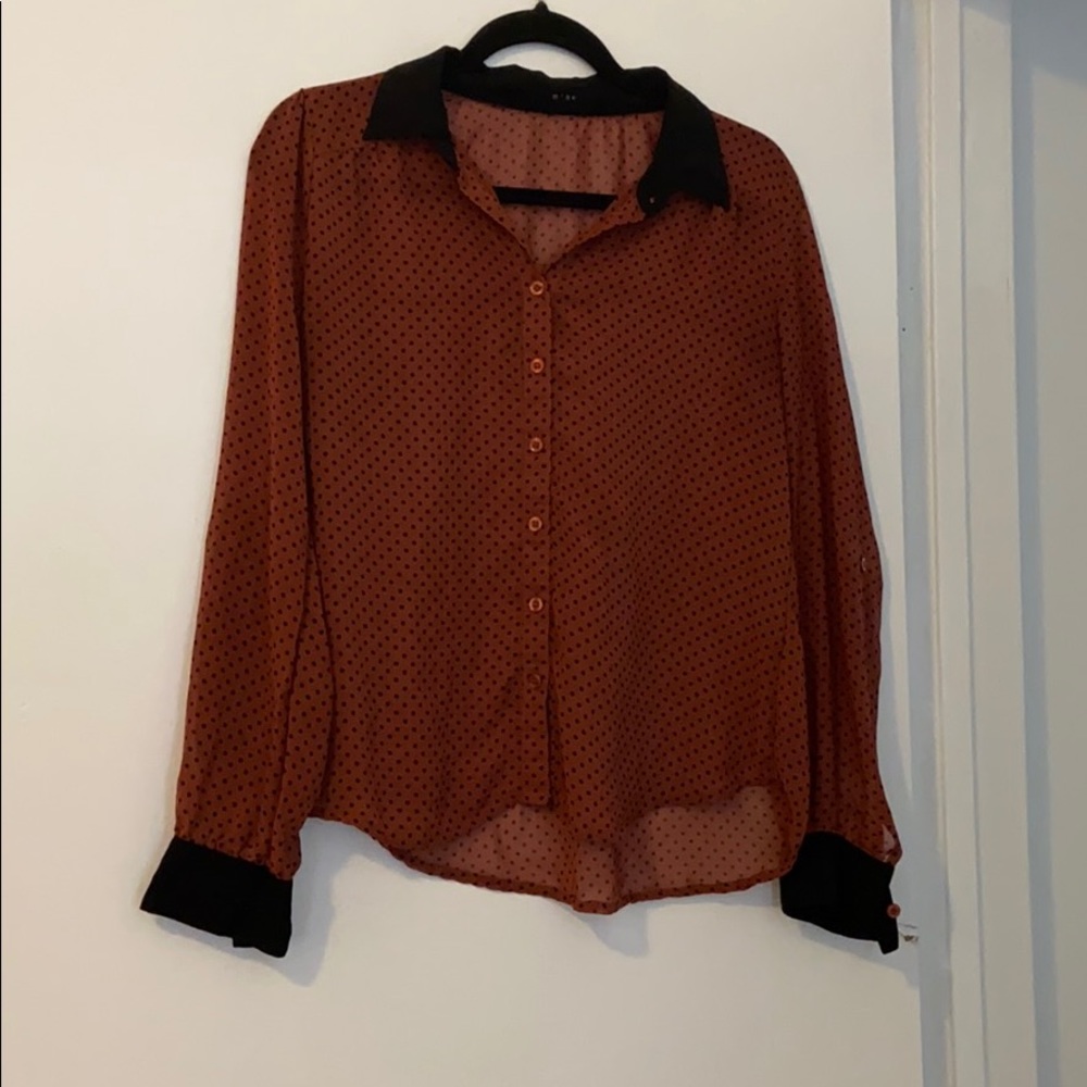 mine sheer auburn polka dot blouse